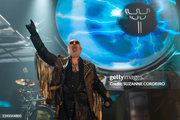 Lead vocalist Rob Halford of British heavy metal band Judas Priest performs on stage during their "50 Heavy Metal Years tour, at the Tech Port Arena...