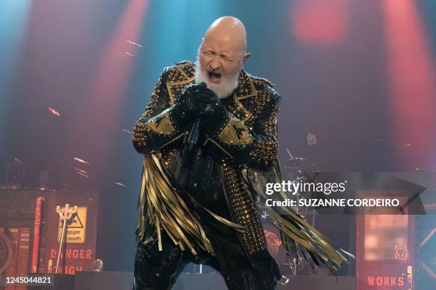 Lead vocalist Rob Halford of British heavy metal band Judas Priest performs on stage during their "50 Heavy Metal Years tour, at the Tech Port Arena...