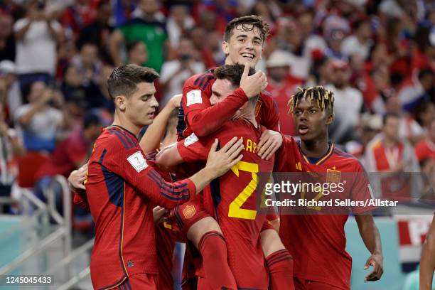Gavi of Spain is congratulated after scoring during the FIFA World Cup Qatar 2022 Group E match between Spain and Costa Rica at Al Thumama Stadium on...