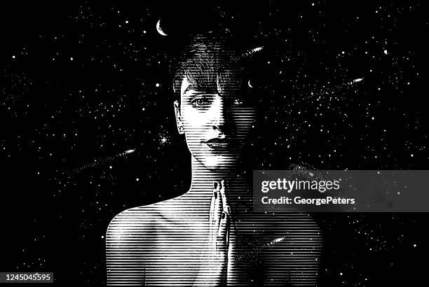 young woman surrounded by the universe - andromeda constellation stock illustrations