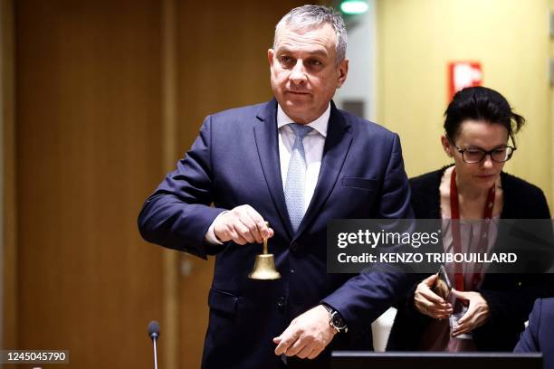 Czech Minister of Industry and Trade Jozef Sikela rings the bell at the start of a an extraordinary European Union energy ministers meeting at the EU...