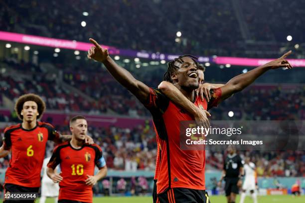 Michy Batshuayi of Belgium celebrates 1-0 during the World Cup match between Belgium v Canada at the Ahmad Bin Ali Stadium on November 23, 2022 in Al...