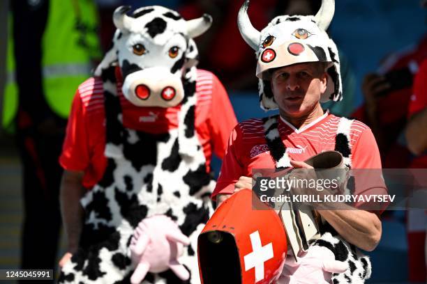 Switzerland supporters dressed in cow costume arrive for the Qatar 2022 World Cup Group G football match between Switzerland and Cameroon at the...