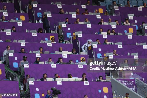 Radio and television commentators and journalists in the media section of the stadium during the FIFA World Cup Qatar 2022 Group G match between...