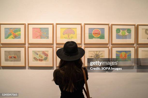 Woman observes artworks during the inauguration of the exhibition of the Guatemalan artist Margarita Azurdia. The Reina Sofia Museum in Madrid...