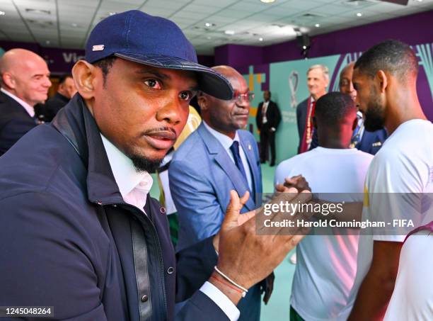 Cameroonian Football Federation President Samuel Eto'o during the FIFA World Cup Qatar 2022 Group G match between Switzerland and Cameroon at Al...