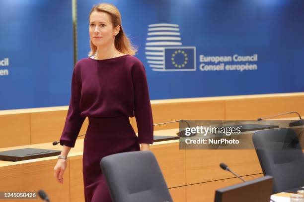 Prime Minister of Estonia Kaja Kallas at the European Council during the second day of the summit. The Estonian PM as seen at the Round Table with...