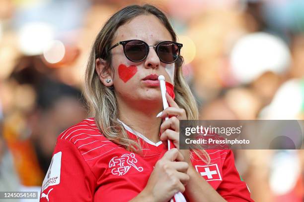 Torcedora da Suíça during the Qatar 2022 World Cup match, Group G, between Switzerland and Cameroon played at Al Janoub Stadium on Nov 24, 2022 in...