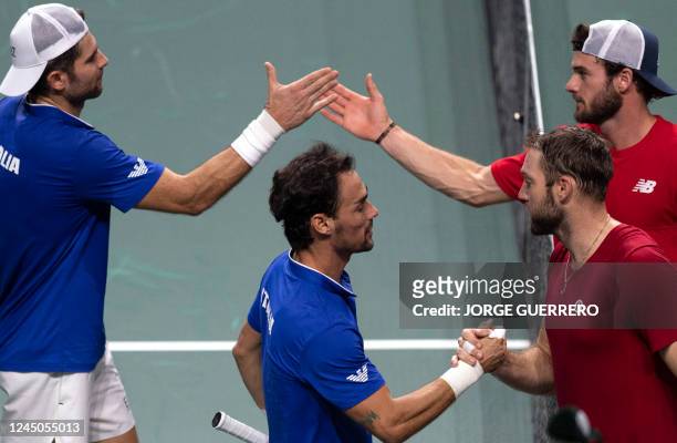 USJack Sock and Tommy Paul shake hands with winners Italys Simone Bolelli and Fabio Fognini at the end of the men's double quarter-final tennis match...