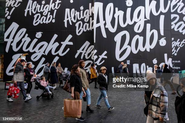 Large scale hoarding covering the refurbishment of a major retail space in the City Centre Bullring which uses the well knows Brummie phrase 'Alright...