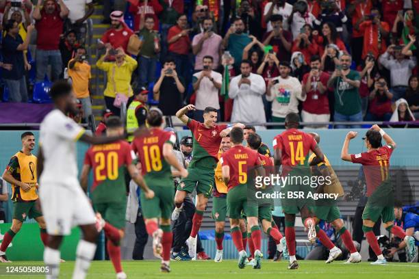 Cristiano Ronaldo of Portugal celebrates after scoring his sides first goal during the Group H - FIFA World Cup Qatar 2022 match between Portugal and...