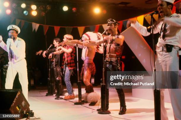 American disco group Village People performing in Florida, March 1979. Left to right: Victor Willis, Randy Jones, David Hodo, Felipe Rose, Glenn...