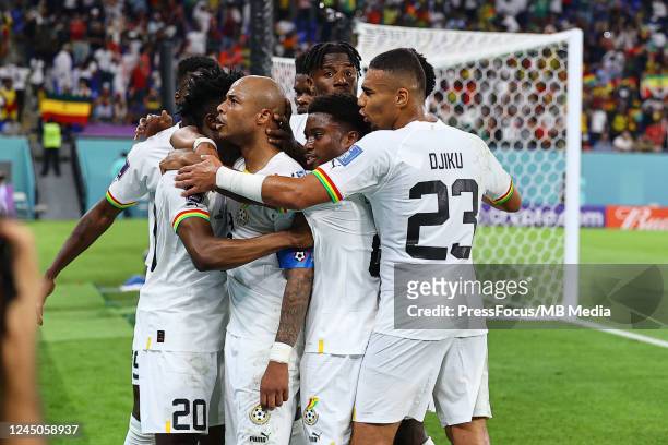 Andre Ayew of Ghana celebrates scoring the goal with during the FIFA World Cup Qatar 2022 Group H match between Portugal and Ghana at Stadium 974 on...