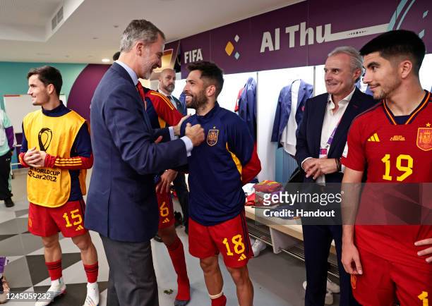 In this Handout image provided by the Royal Spanish Football Federation, King Felipe of Spain is seen meeting with the Spanish national football team...