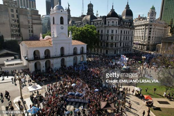 Aerial view during a tribute march for the late Hebe de Bonafini -one of the founders of Madres de Plaza de Mayo association- at Plaza de Mayo...