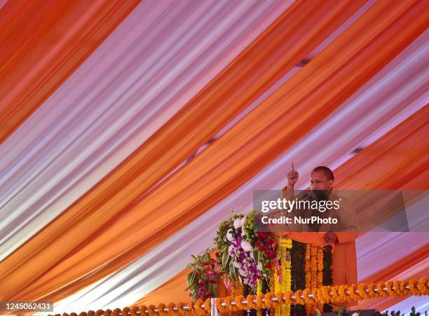 Uttar pradesh Chief minister Yogi adityanath speaks , during an intellectual meet programme in Allahabad on November 24, 2022 .