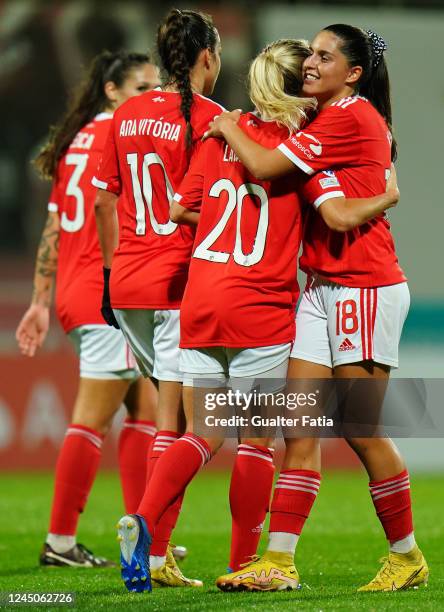 Cloe Lacasse of SL Benfica celebrates with teammates after scoring a goal during the UEFA Women's Champions League Group D match between SL Benfica...