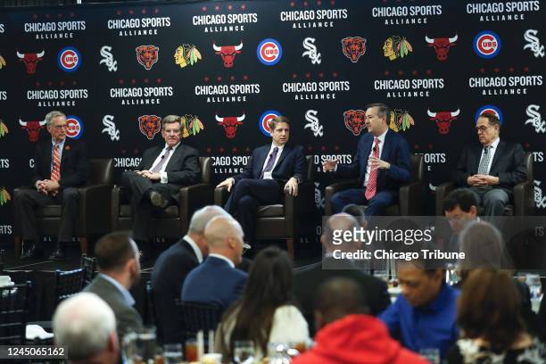 Chicago Bears Chairman George McCaskey, left, Blackhawks Chairman Rocky Wirtz, Bulls President &amp; Chief Operating Officer Michael Reinsdorf, Cubs...