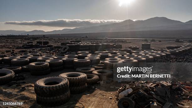 Hundreds of tyres remain on the side of the Panamerican Highway Lo Uribe Sector, in Antofagasta located about 1,380 km from Santiago, Chile, on...