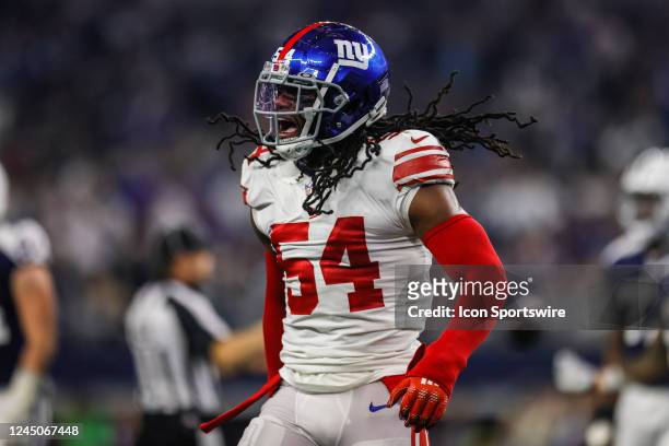 New York Giants linebacker Jaylon Smith celebrates a tackle during the game between the Dallas Cowboys and the New York Giants on November 24, 2022...