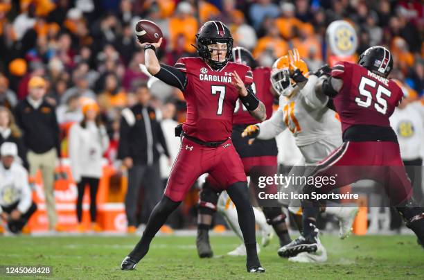 November 19: South Carolina Gamecocks quarterback Spencer Rattler prepares to make a pass during the third quarter of a college football game between...