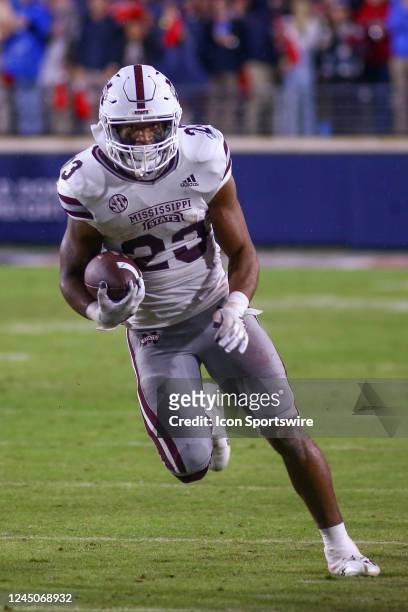 Mississippi State Bulldogs running back Dillon Johnson runs during the game between the Ole Miss Rebels and the Mississippi State Bulldogs on...