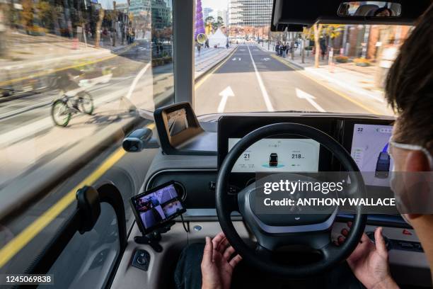 This photo taken on November 23, 2022 shows a designated stop for the country's first self-driving bus route run by 42 Dot, a start-up owned by South...