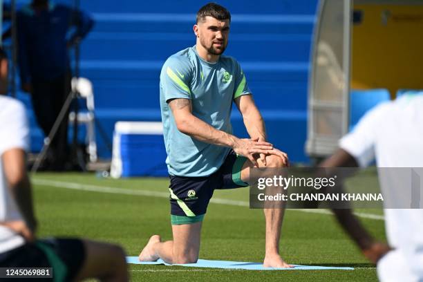 Australia's goalkeeper Mathew Ryan takes part in a training session at the Aspire Zone Training Facilities in Doha on November 25 on the eve of the...