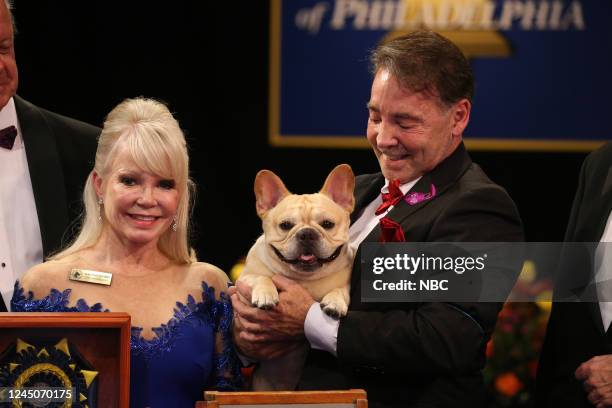 Pictured: Vicki Seiler-Cushman, Best In Show Judge; 2022 National Dog Show Best In Show Winner, French Bulldog named "Winston"; Perry Payson, Handler...