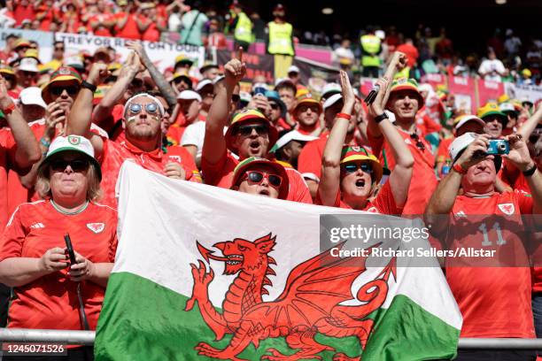 Welsh fans before the FIFA World Cup Qatar 2022 Group B match between Wales and IR Iran at Ahmad bin Ali Stadium on November 25, 2022 in Al Rayyan,...