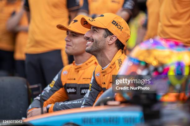 Lando Norris and Daniel Ricciardo of McLaren F1 Team drivers pose before the race at Formula 1 Etihad Airways Abu Dhabi Grand Prix on Nov 20, 2022 in...