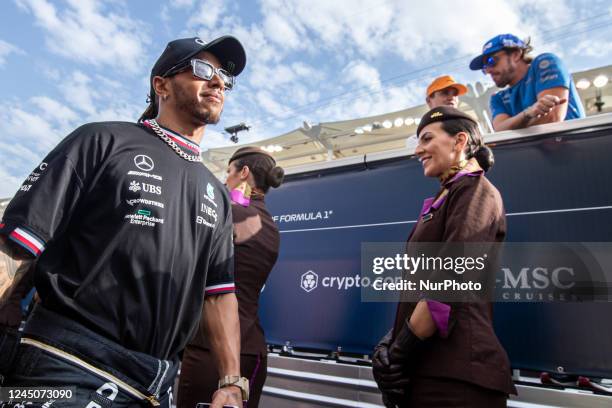 Lewis Hamilton of Great Britain and Mercedes AMG Petronas driver goes to drivers parade before the race at Formula 1 Etihad Airways Abu Dhabi Grand...