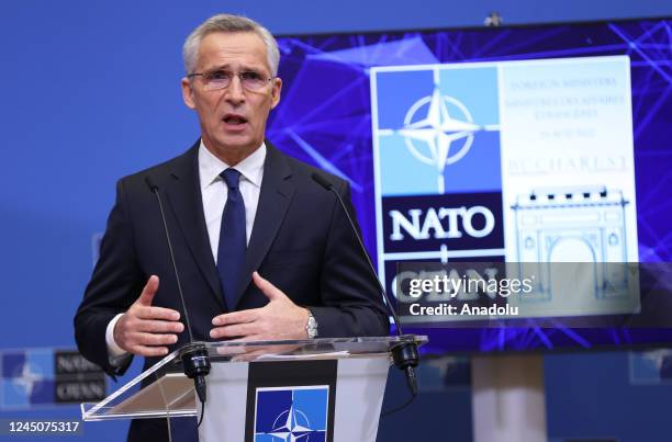 Secretary General Jens Stoltenberg makes a speech as he holds a press conference ahead of the NATO Foreign Ministers meeting to be held in Romania on...