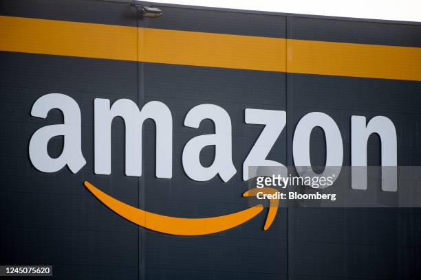 The logo for Amazon.com Inc. At the company's fulfillment center in Bretigny-sur-Orge, France, on Wednesday, Nov. 25, 2022. Amazon employees in the...