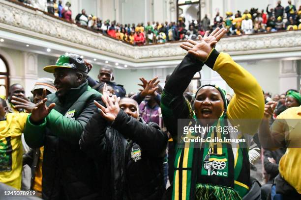 Supporters dance during the Memorial Lecture by Dr Zweli Mkhize on O.R Tambo at Pietermaritzburg City Hall on November 19, 2022 in Pietermaritzburg,...