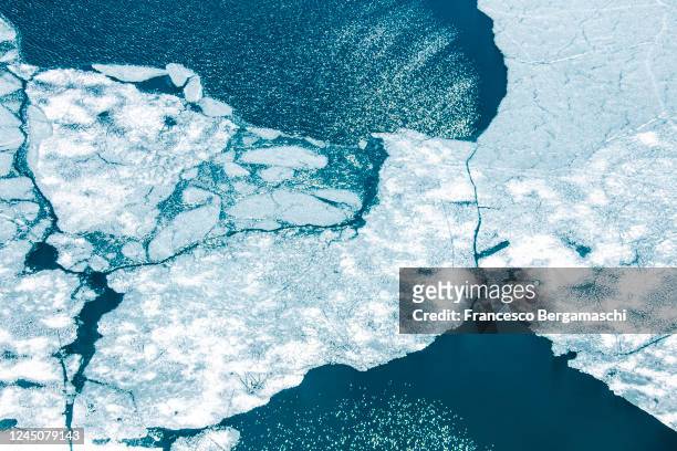 aerial zenithal view of abstract details of pirola lake during summer thaw. - laboratory for the symptoms of global warming stockfoto's en -beelden