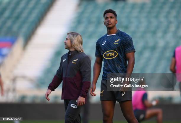 Canan Moodie and Faf de Klerk during the South African men's national rugby team captain's run at Twickenham Stadium on November 25, 2022 in London,...