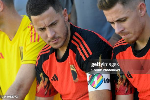 Hazard Eden midfielder of Belgium with the ONE LOVE armband during a team photo session of the Belgian National Football team ahead of the FIFA World...