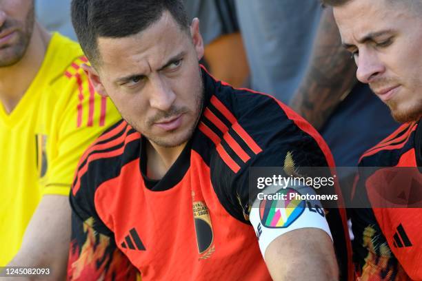 Hazard Eden midfielder of Belgium with the ONE LOVE armband during a team photo session of the Belgian National Football team ahead of the FIFA World...