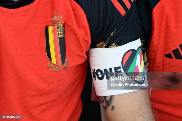 Hazard Eden midfielder of Belgium with the ONE LOVE armband during a team photo session of the Belgian National Football team ahead of the FIFA World...