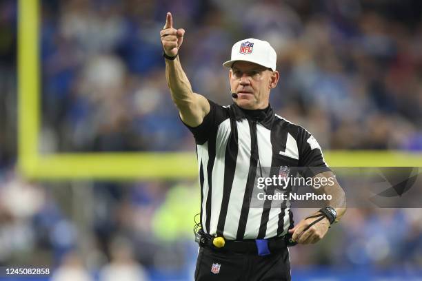 Referee Clete Blakeman signals first down during the second half of an NFL football game between the Detroit Lions and the Buffalo Bills in Detroit,...