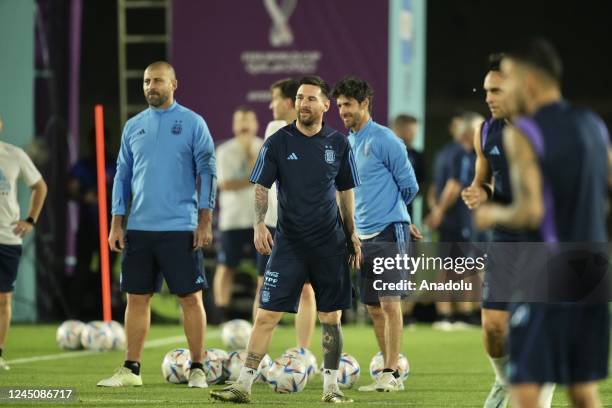 Lionel Messi of Argentina doing exercises during training session ahead of 2022 FIFA World Cup Group C match against Mexico, at Qatar University...