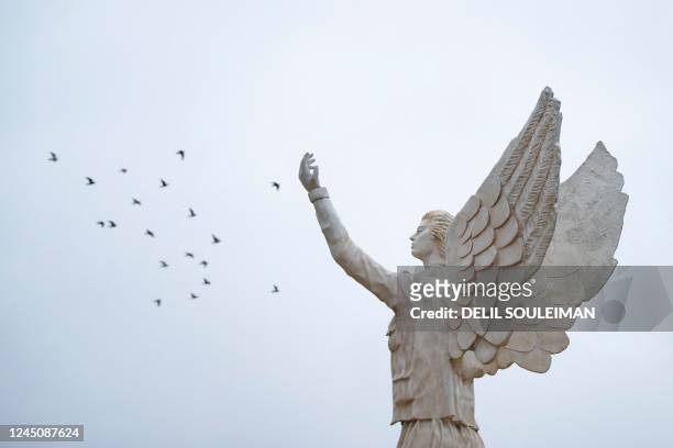 Birds fly above the "Free Woman" statue in the square of the same name in the Kurdish-majority northern Syrian city of Kobane, on November 25 during...