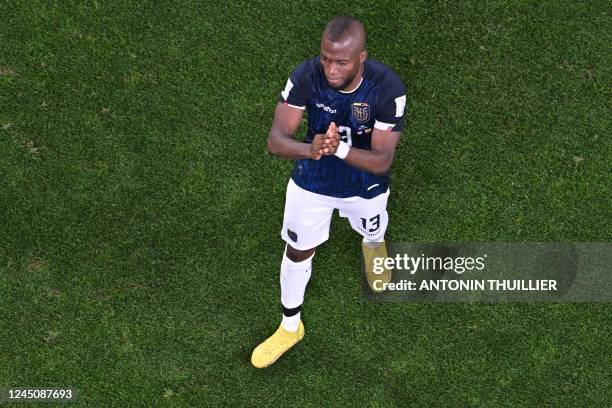 Ecuador's forward Enner Valencia applauds supporters at the end of the Qatar 2022 World Cup Group A football match between the Netherlands and...