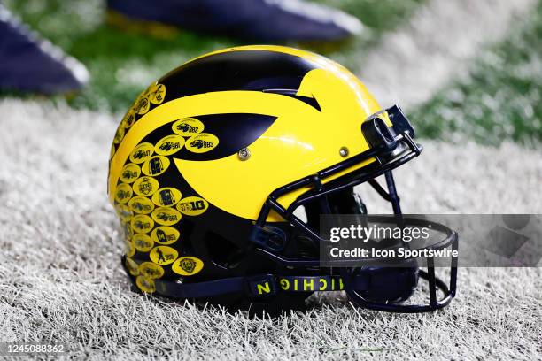 General view of a Michigan Wolverines helmet on the field prior to the college football game against the Rutgers Scarlet Knights on November 5, 2022...