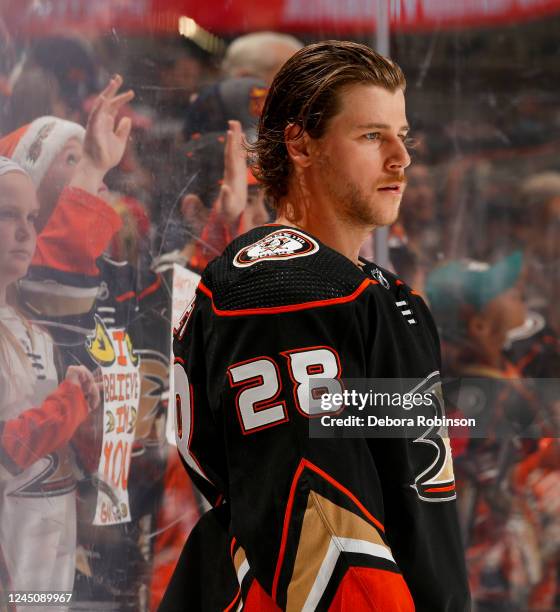 Nathan Beaulieu of the Anaheim Ducks looks on during warm ups prior to the game against the Ottawa Senators at Honda Center on November 25, 2022 in...