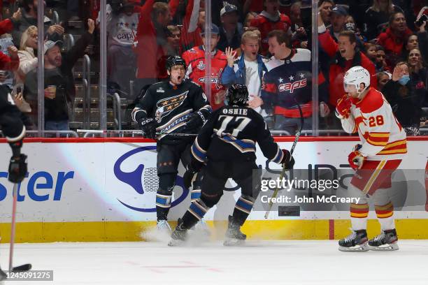 Evgeny Kuznetsov of the Washington Capitals celebrates a second period goal against the Calgary Flames at Capital One Arena on November 25, 2022 in...