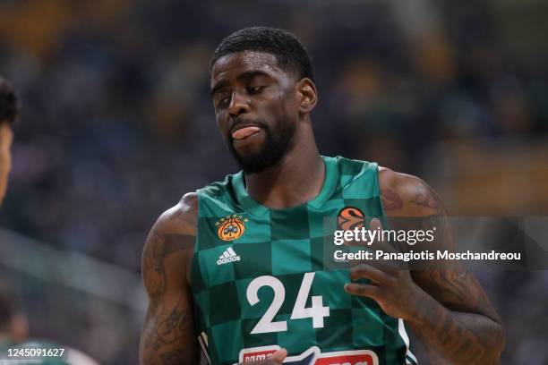 Dwayne Bacon, #24 of Panathinaikos Athens react during the 2022/2023 Turkish Airlines EuroLeague Regular Season Round 10 match between Panathinaikos...