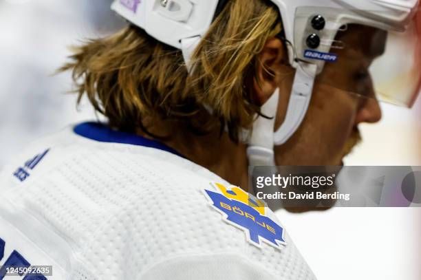 Detailed view of a patch for former Toronto Maple Leafs player Borje Salming on the jersey worn by William Nylander against the Minnesota Wild in the...