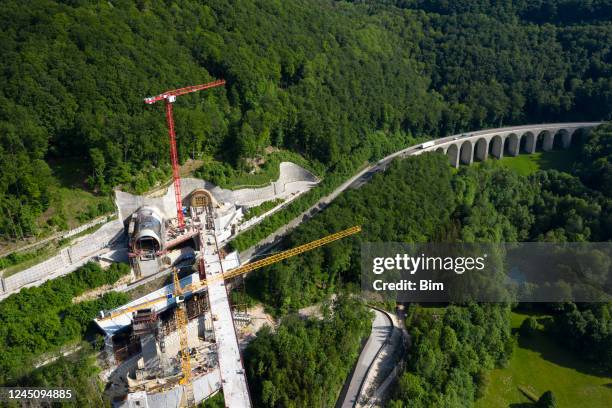 aerial view of high speed train bridge under construction - tunnel construction stock pictures, royalty-free photos & images